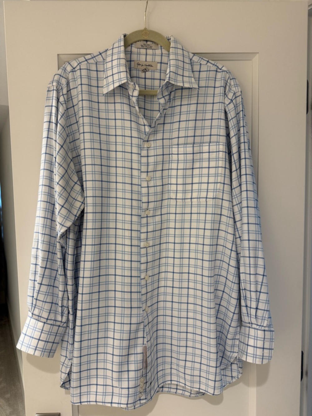 John W. Nordstrom White Dress Shirt with Blue Windowpane Check